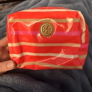 Tory Burch Red and Pink Striped Cosmetic Bag